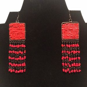 Metal and Orangish Red beaded dangle earrings